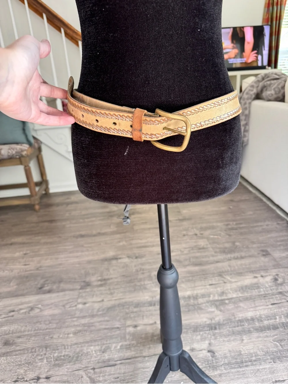 Nine West Tan Braided Leather Belt with Brass Buckle